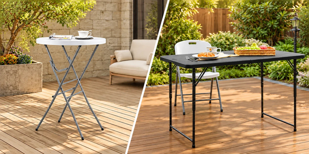 Side-by-side comparison of a round cocktail folding table and a rectangular folding table in outdoor settings