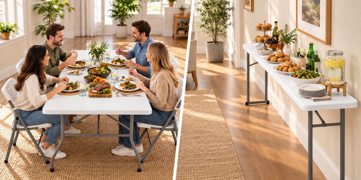Side-by-side comparison of a standard 6FT folding table used for dining and a narrow 6FT folding table used as a buffet station.