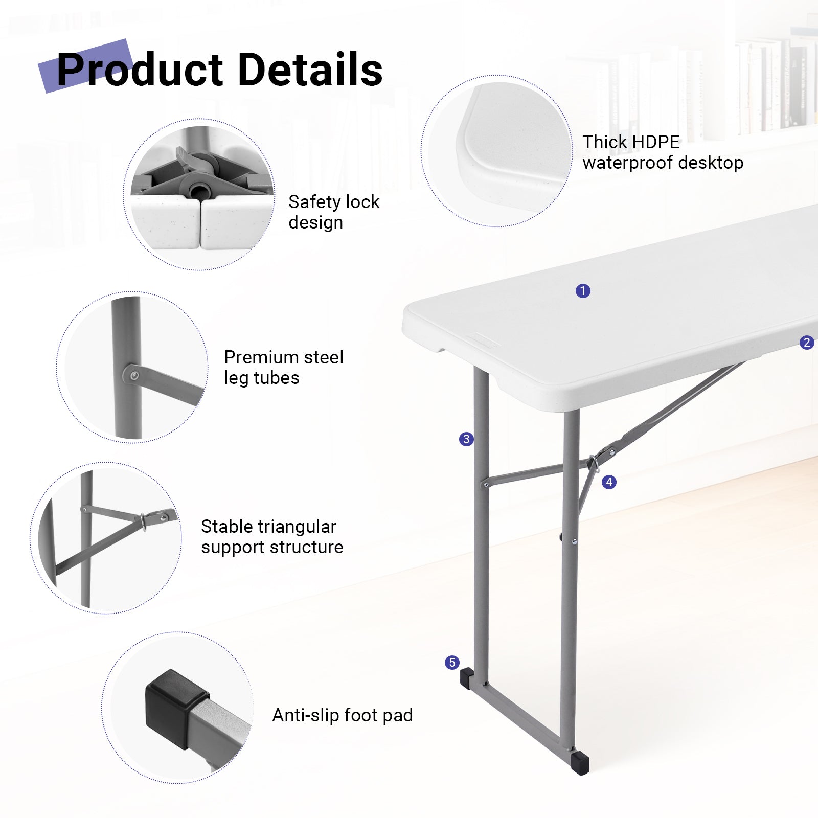 6FT Narrow Folding Table