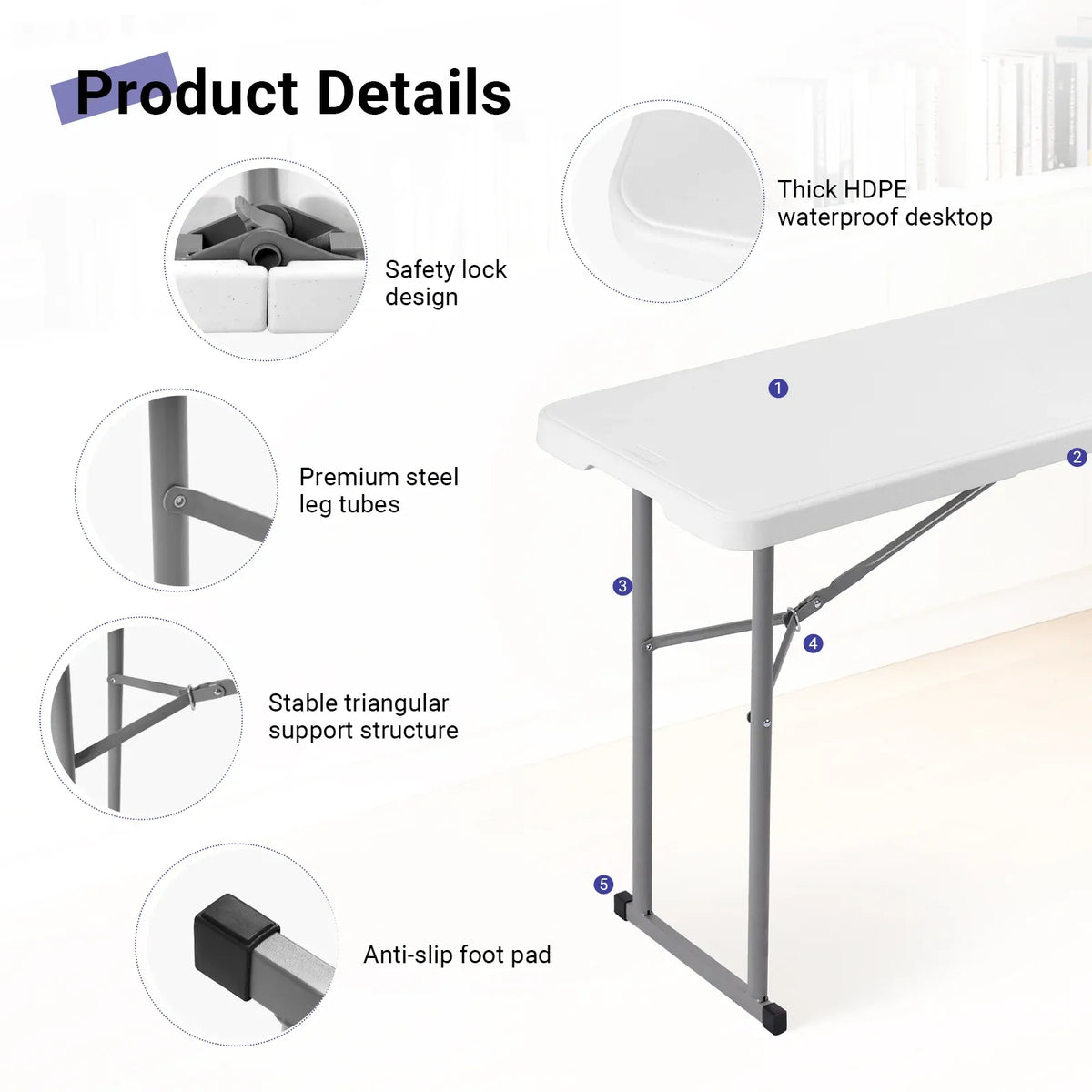 6FT Narrow Folding Table